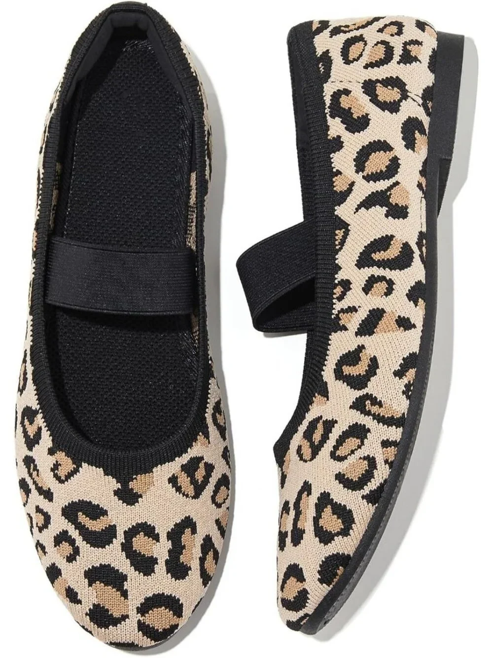 Women's Leopard Knit Round Toe Ballet Flat Elastic Strap Slip On Comfort Shoes